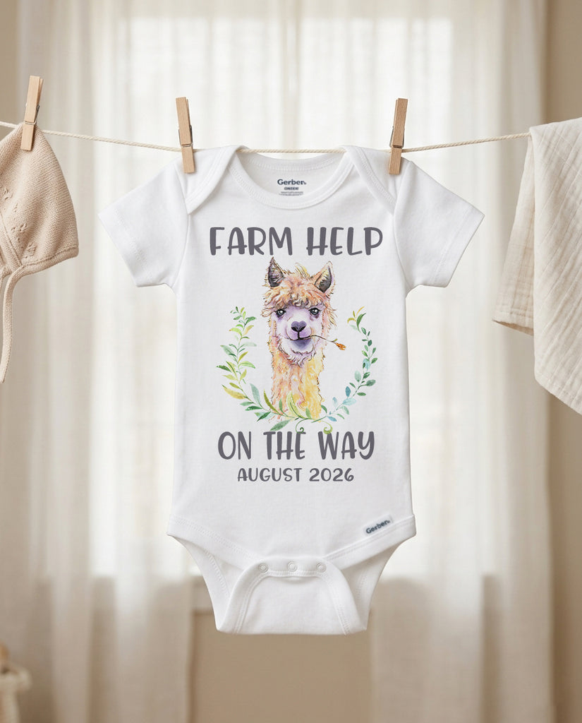 Pregnancy revel Baby onesie with alpaca graphic and text on a clothesline. 