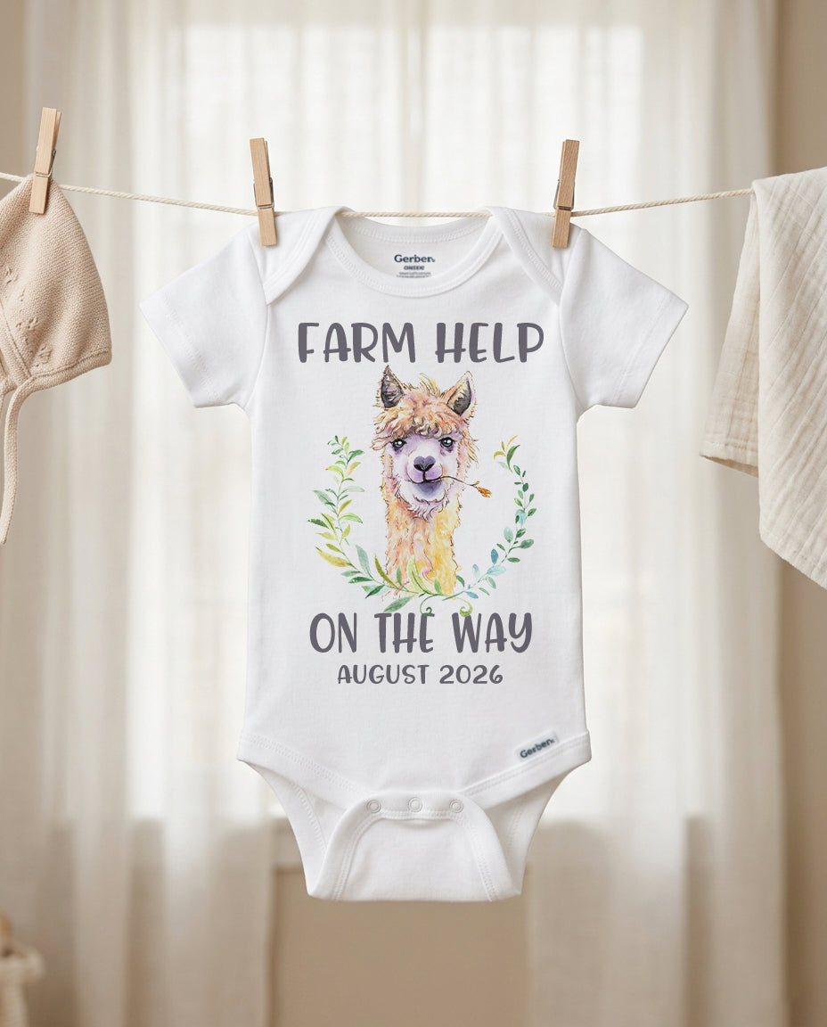 Pregnancy revel Baby onesie with alpaca graphic and text on a clothesline. 