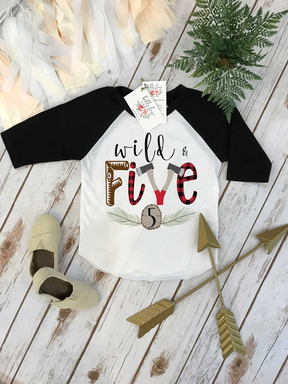 Fifth Birthday Shirt, Lumberjack Birthday, 5th Birthday shirt, Buffalo Plaid Party, Lumberjack Party, Woodland Party Set, Wild One Birthday