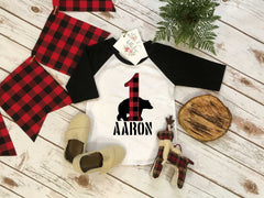 Lumberjack Birthday, First Birthday Shirt, Baby Boy Birthday shirt, Personalized Birthday Boy, Lumberjack Party, Buffalo Plaid Bear Shirt