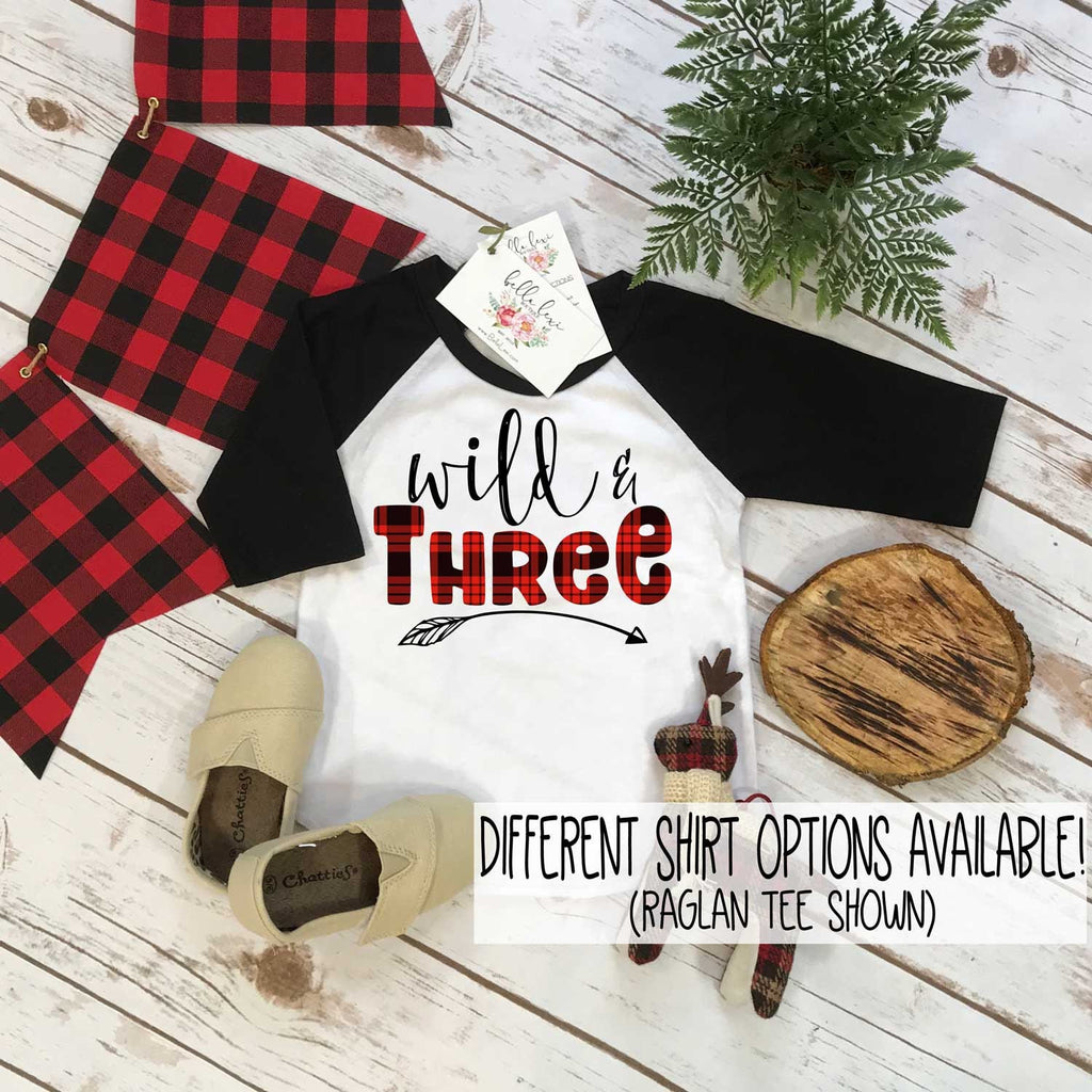 Third Birthday Shirt, Lumberjack Birthday, 3rd Birthday shirt, Buffalo Plaid Party, Lumberjack Party, WILD THREE PLAID, Wild Birthday shirt