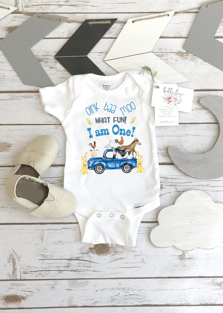 First Birthday Onesie®, Oink Baa Moo, Little Truck Birthday, Oink Moo Turning ONE, 1st Birthday, Blue Truck Party, Farm Party, Boy Birthday