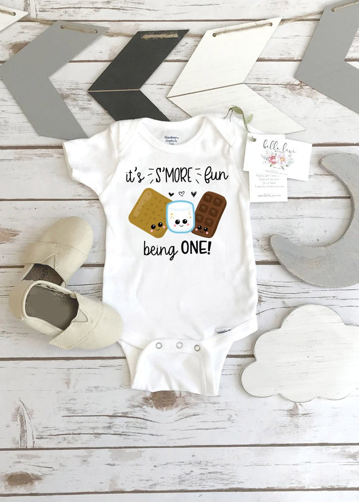 S'More Party, Birthday Onesie®, S'More Fun being ONE, Birthday Shirt, Camping Party, Camping Birthday, Happy Camper, Smores Theme, Wild One