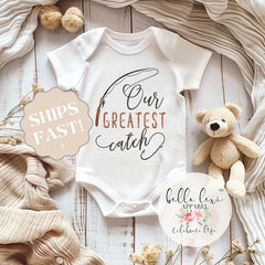 Pregnancy Reveal Onesie®, Our Greatest Catch Onesie, Fishing Baby Outfit, Baby Shower Gift, Baby Bodysuit Reveal, Cute Baby Announcement