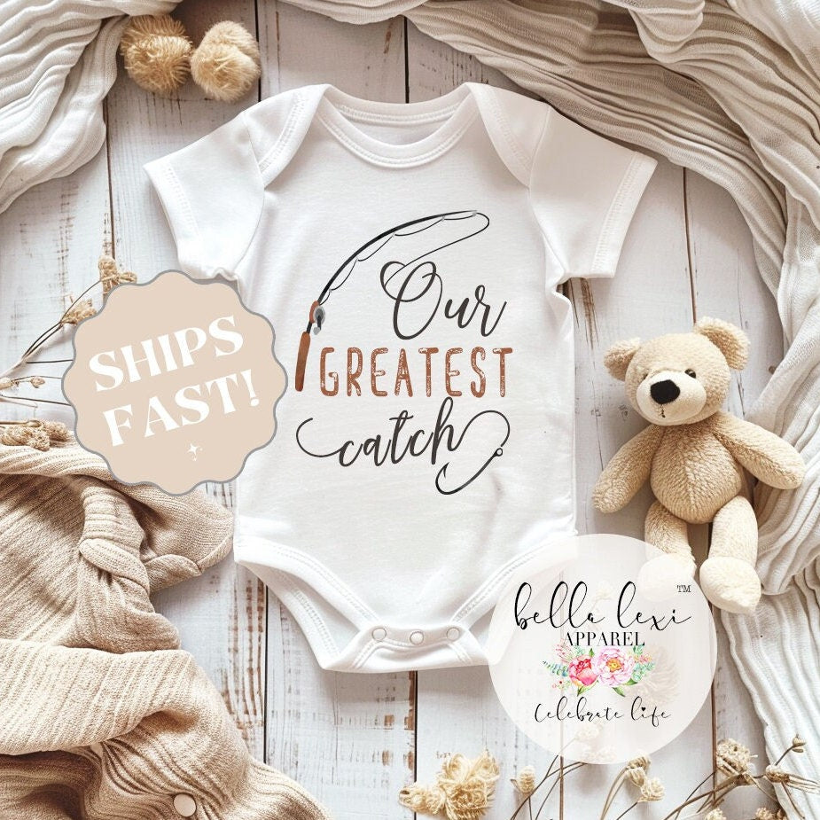 Fishing ONESIE®, Our greatest catch, Pregnancy Reveal, Fishing Baby shirt, Baby Announcement, Fishing Daddy shirt, Take Home Outfit, Newborn
