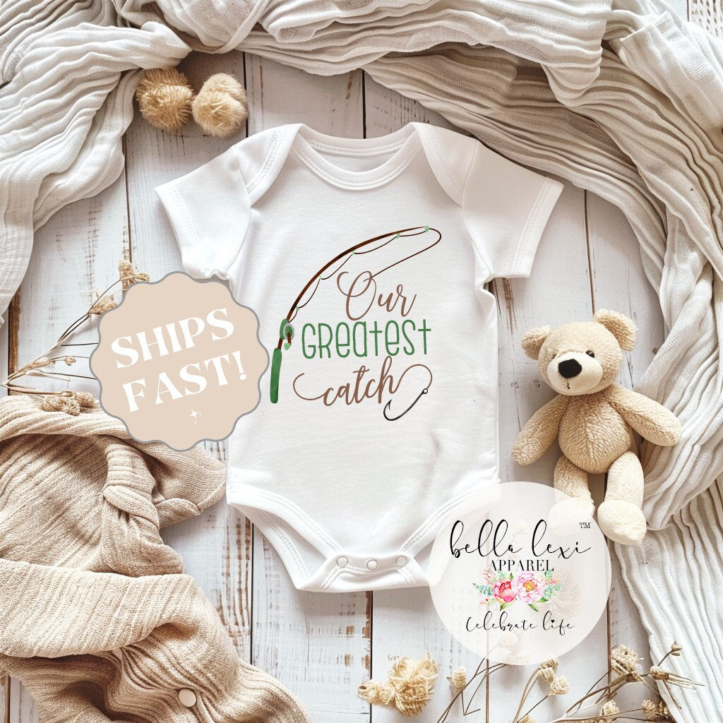 Baby Gift, Our Greatest Catch Onesie®, Unisex Newborn Outfit, Fishing Theme Baby Bodysuit, Pregnancy Reveal Idea, Outdoor Family Baby