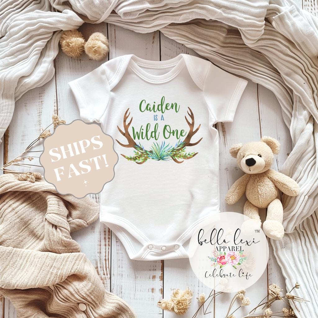 Personalized Wild One First Birthday Outfit – Custom Name Baby Onesie – Boho Antler 1st Birthday Bodysuit – Rustic Baby Shower Gift