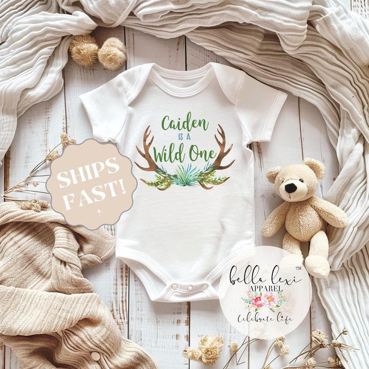 Personalized Wild One First Birthday Outfit – Custom Name Baby Onesie – Boho Antler 1st Birthday Bodysuit – Rustic Baby Shower Gift