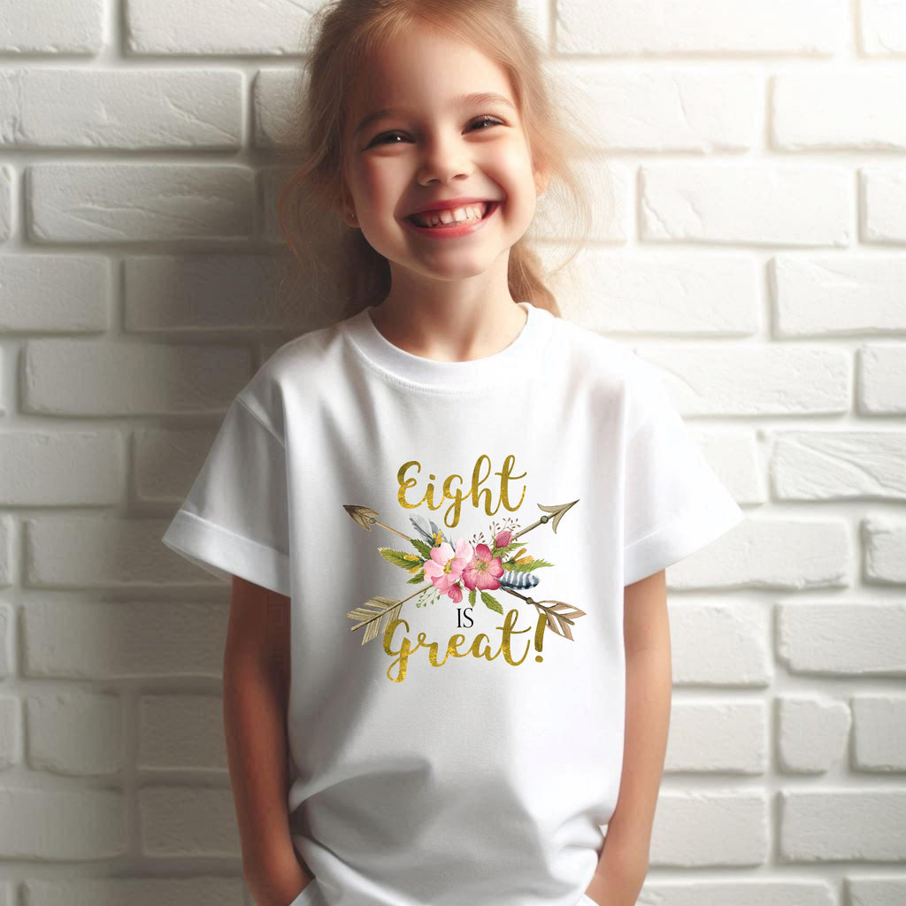 Eighth Birthday Shirt – Eight is Great, Boho Girl's 8th Birthday Shirt, Floral Design, 8-Year-Old Birthday Outfit, Gift for Girls