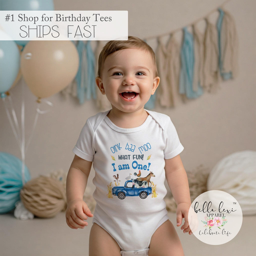 First Birthday Onesie®, Oink Baa Moo, Little Truck Birthday, Oink Moo Turning ONE, 1st Birthday, Blue Truck Party, Farm Party, Boy Birthday