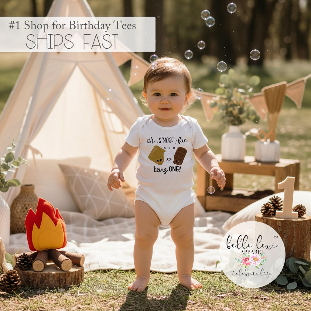 S'More Party, Birthday Onesie®, S'More Fun being ONE, Birthday Shirt, Camping Party, Camping Birthday, Happy Camper, Smores Theme, Wild One