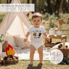 S'More Party, Birthday Onesie®, S'More Fun being ONE, Birthday Shirt, Camping Party, Camping Birthday, Happy Camper, Smores Theme, Wild One