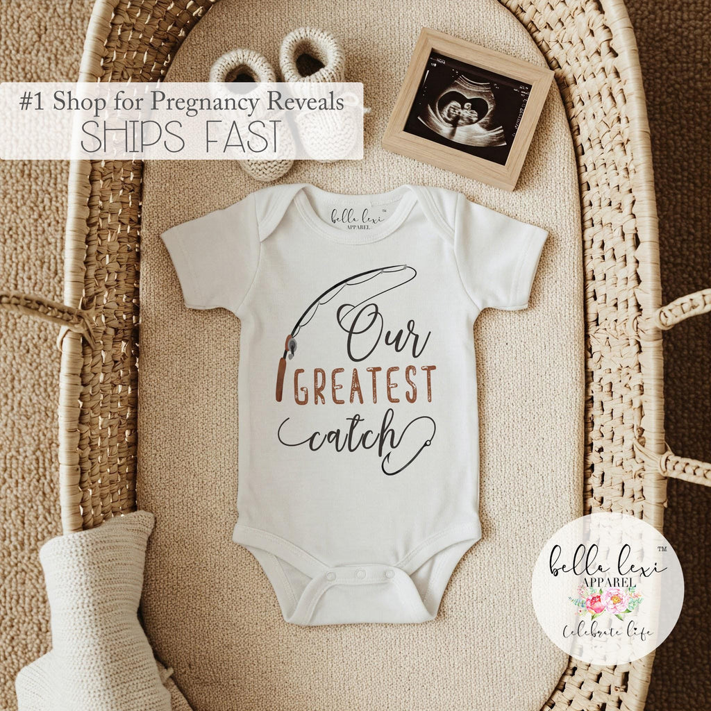 Fishing ONESIE®, Our greatest catch, Pregnancy Reveal, Fishing Baby shirt, Baby Announcement, Fishing Daddy shirt, Take Home Outfit, Newborn