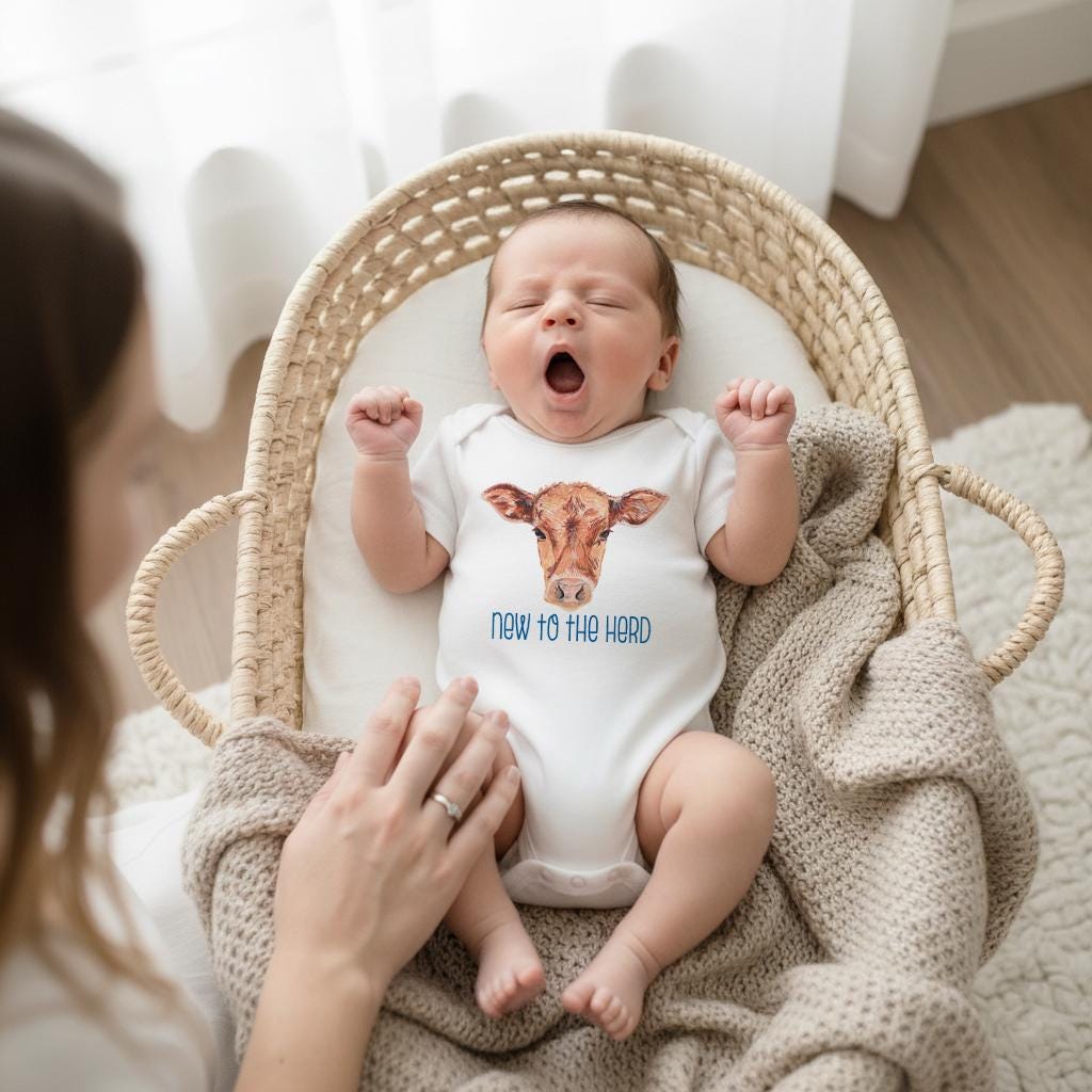 Welcome your little one in style with our New to the Herd Onesie®, a best-selling Bella Lexi™ original loved by moms, grandmas, and gift-givers alike.  It’s the ideal outfit for birth announcements, baby shower gifts, or that first sweet “welcome to the herd” moment.  This adorable western-inspired newborn outfit features a charming cow print design and neutral rustic tones — perfect for a country nursery, ranch family, or boho baby shower.