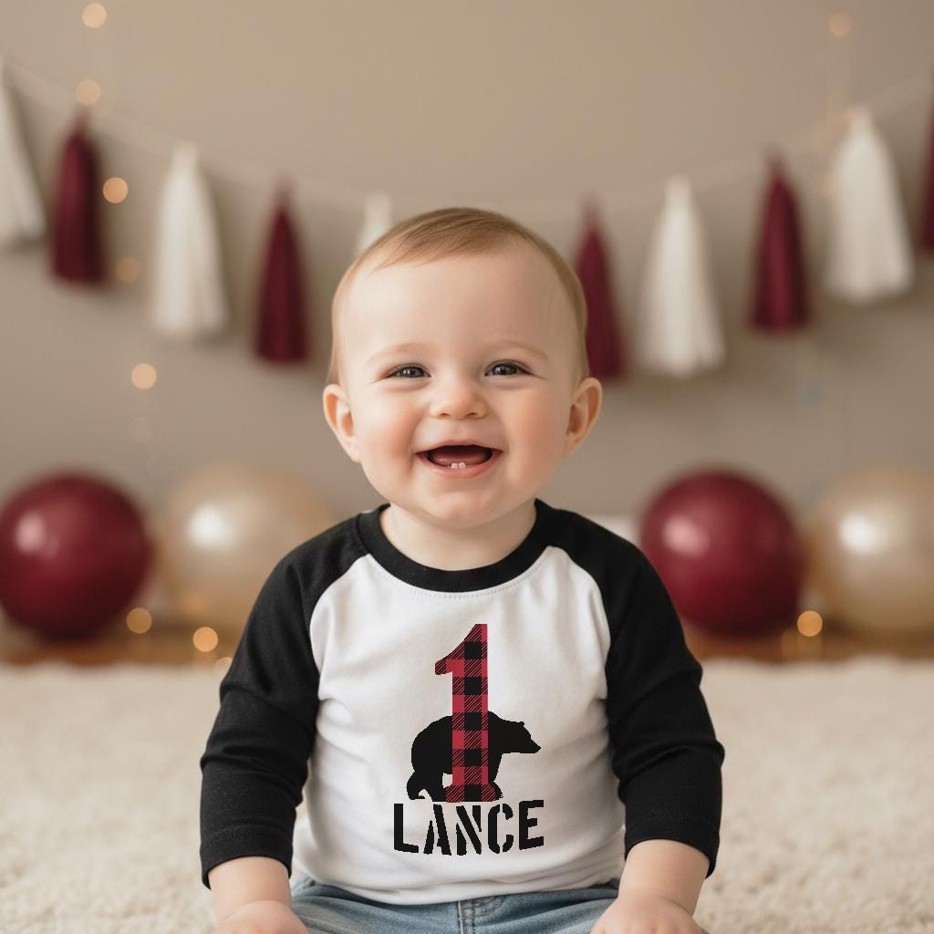 Lumberjack Birthday, First Birthday Shirt, Baby Boy Birthday shirt, Personalized Birthday Boy, Lumberjack Party, Buffalo Plaid Bear Shirt