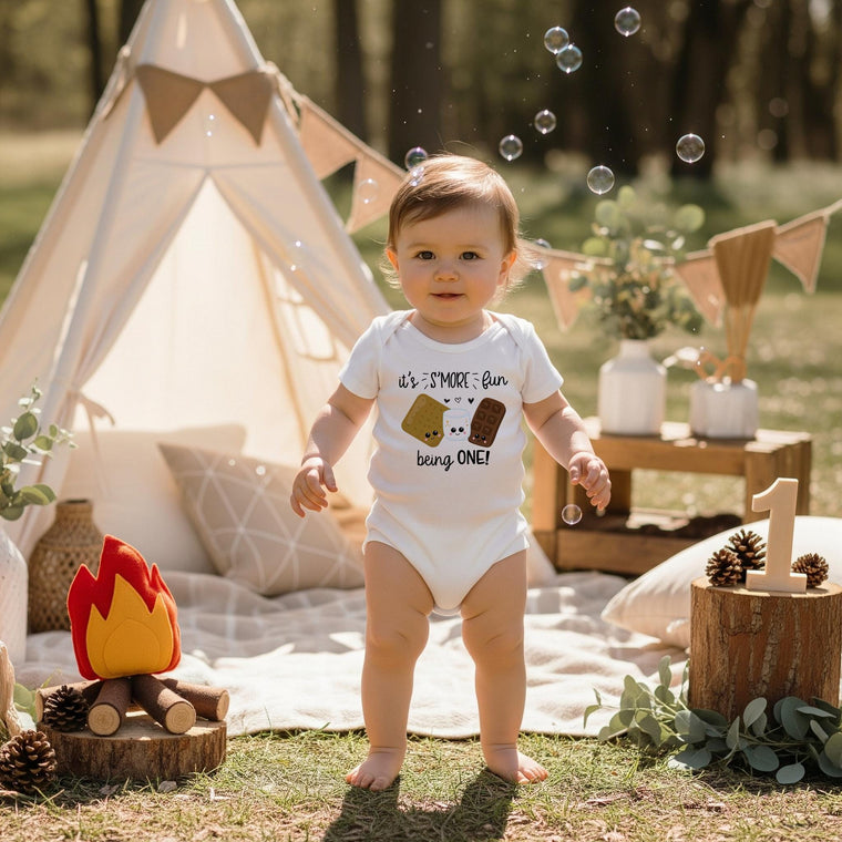 S'More Party, Birthday Onesie®, S'More Fun being ONE, Birthday Shirt, Camping Party, Camping Birthday, Happy Camper, Smores Theme, Wild One
