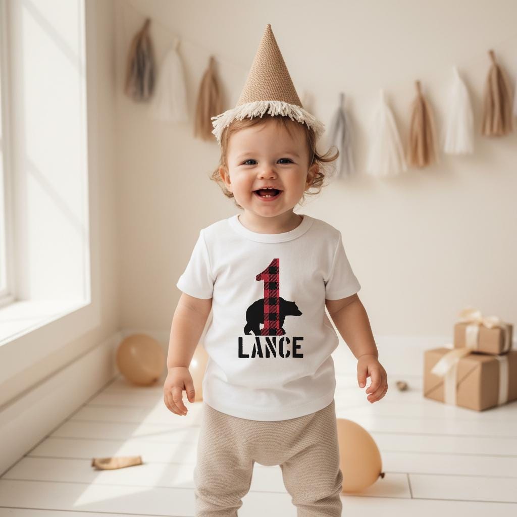 Lumberjack Birthday, First Birthday Shirt, Baby Boy Birthday shirt, Personalized Birthday Boy, Lumberjack Party, Buffalo Plaid Bear Shirt