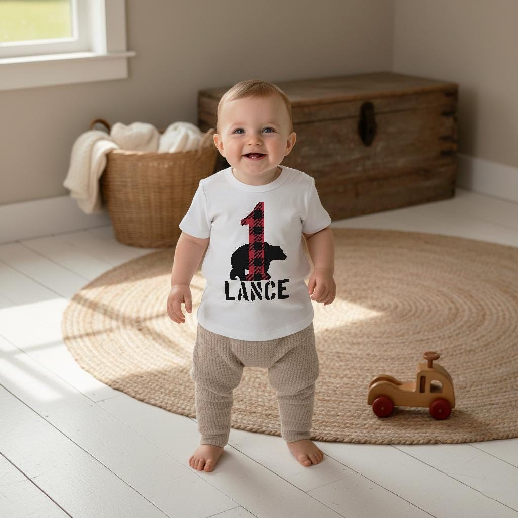 Lumberjack Birthday, First Birthday Shirt, Baby Boy Birthday shirt, Personalized Birthday Boy, Lumberjack Party, Buffalo Plaid Bear Shirt