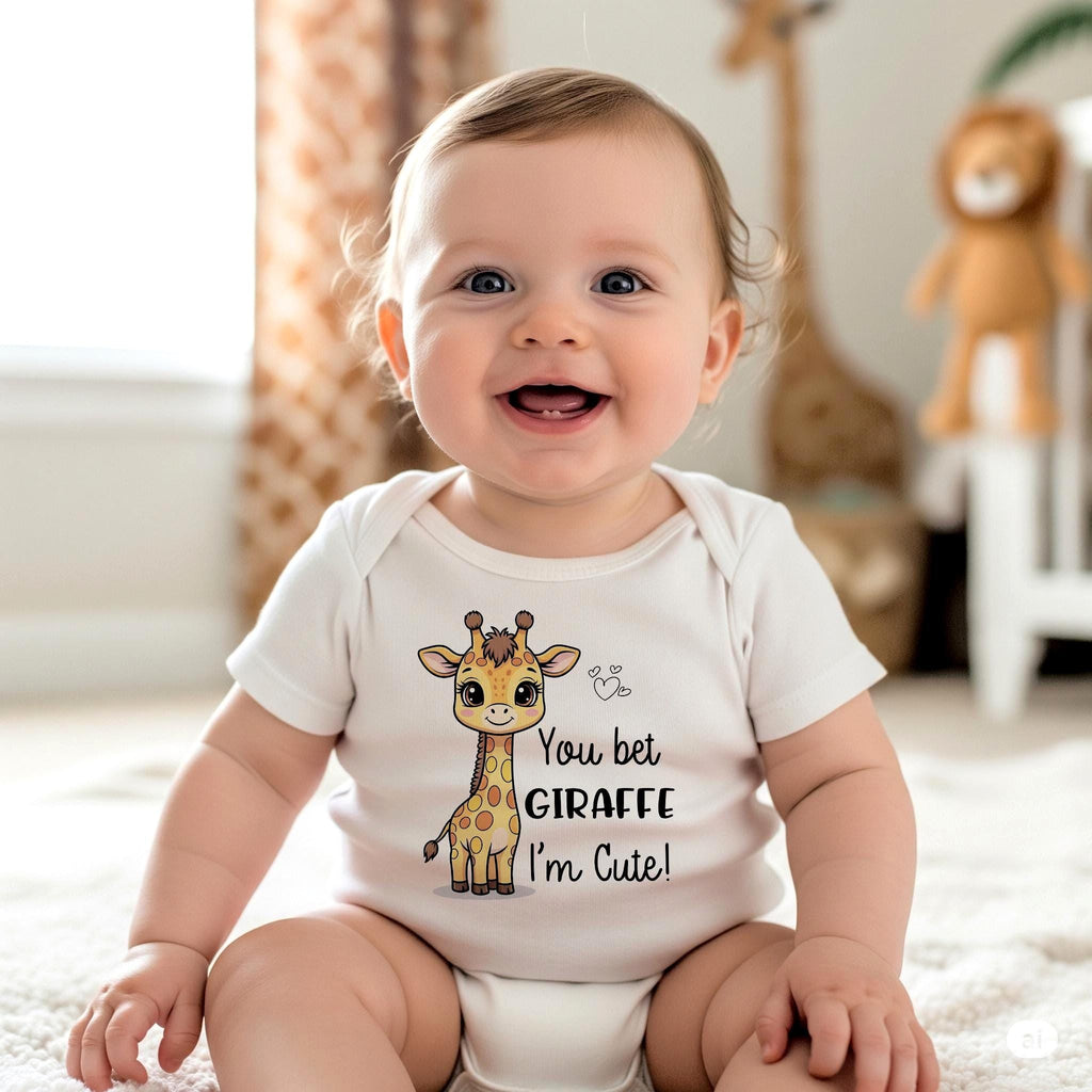 Your little one will be the star of the savannah (or the stroller) in this adorable “You Bet Giraffe I’m Cute” baby onesie! Featuring a playful giraffe-inspired pun, this super soft and comfy bodysuit is perfect for baby showers, first birthdays, or everyday cuteness. Whether you're snapping milestone photos or heading to the zoo, this gender-neutral baby outfit is sure to bring smiles. This cute and custom bodysuit or t-shirt also makes a wonderful baby shower gift!
