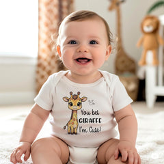 Your little one will be the star of the savannah (or the stroller) in this adorable “You Bet Giraffe I’m Cute” baby onesie! Featuring a playful giraffe-inspired pun, this super soft and comfy bodysuit is perfect for baby showers, first birthdays, or everyday cuteness. Whether you're snapping milestone photos or heading to the zoo, this gender-neutral baby outfit is sure to bring smiles. This cute and custom bodysuit or t-shirt also makes a wonderful baby shower gift!