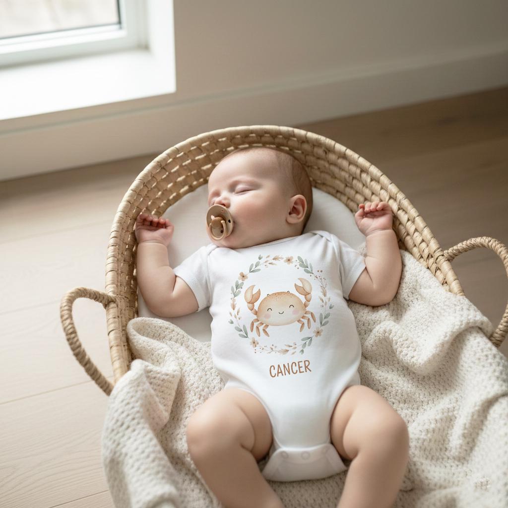 Cancer zodiac baby onesie featuring a soft boho watercolor design on a bright white background. Unisex astrology baby outfit perfect for June and July birthdays, newborn photos, baby shower gifts, horoscope-themed milestone pictures, and gender-neutral baby clothing. High-quality printable Cancer zodiac artwork for infant apparel