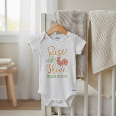 "Rise and Shine Mother Cluckers”  This cute and funny country theme baby bodysuit or t-shirt is sure to make your loved ones smile!  It features an adorable watercolor style rooster with watercolor style font.  Makes a great baby shower gift!