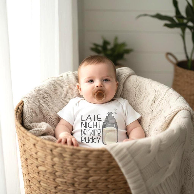 Funny Baby Gift, Late Night Drinking Buddy, Cute Baby Clothes, Daddy Baby Reveal, Pregnancy Reveal, Drinking Onesie®