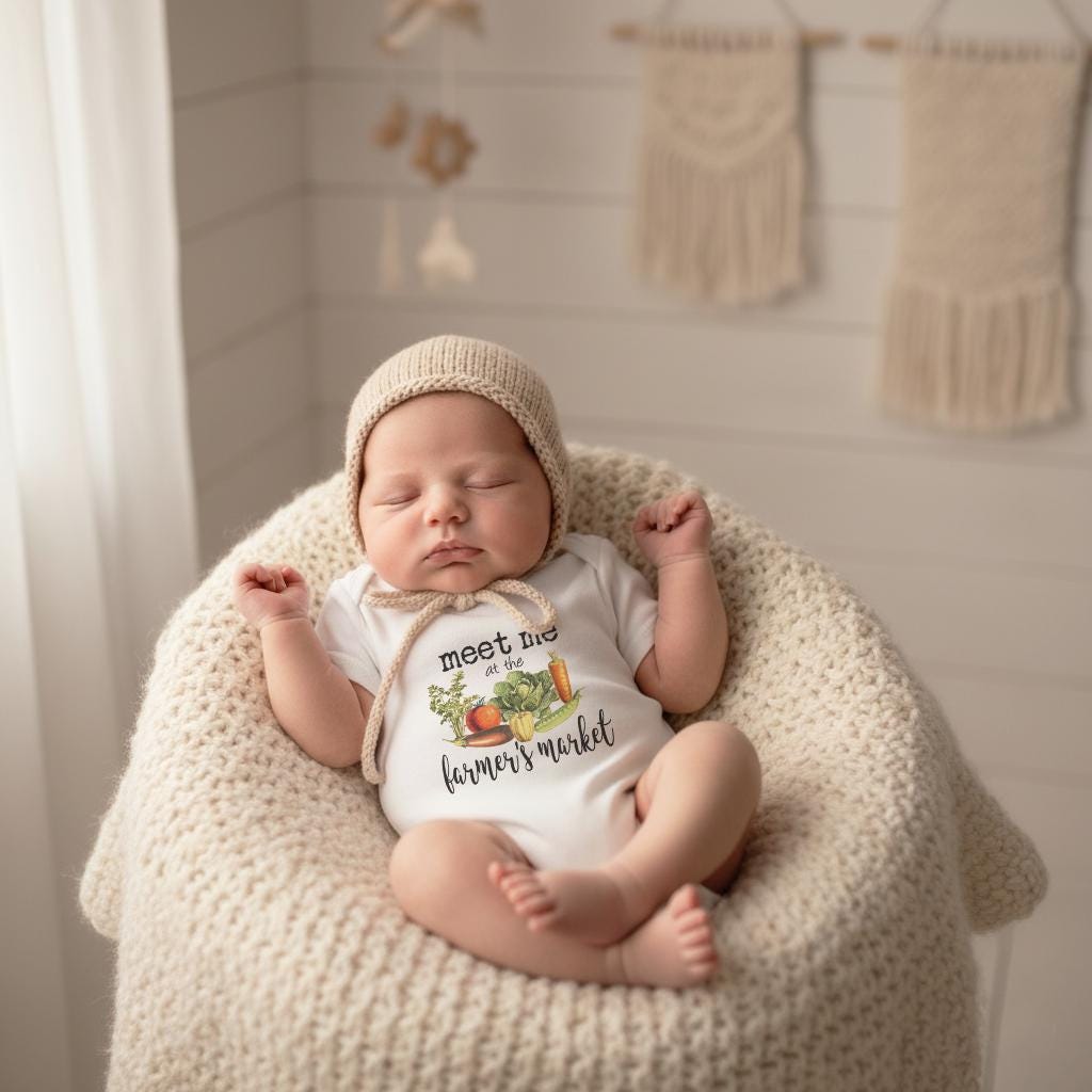 "Meet me at the Farmer's Market" This farm design was created for any babe that loves the farmer's market!  Who doesn't love fresh veggies?!  This adorable unisex organic onesie® (cotton bodysuit or tshirt) makes a great baby shower gift and is great for boys and girls!