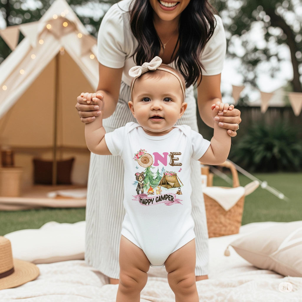 One Happy Camper Birthday Shirt.  This adorable Camping Theme Birthday Girl design features the words "ONE Happy Camper" with watercolor style camping artwork.  This is such an adorable shirt for your little one's birthday celebration!  Makes a great birthday gift for the little Happy Camper in your life!