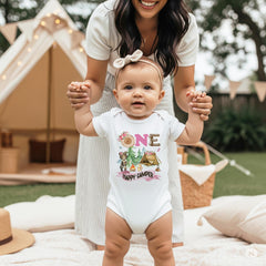 One Happy Camper Birthday Shirt.  This adorable Camping Theme Birthday Girl design features the words "ONE Happy Camper" with watercolor style camping artwork.  This is such an adorable shirt for your little one's birthday celebration!  Makes a great birthday gift for the little Happy Camper in your life!