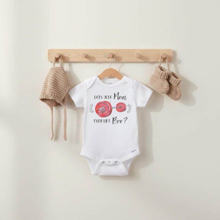 Baby Shower Gift, Does your Mom even Lift Bro, Fitness Baby, Fit Baby shirt, Lifting Buddy shirt, Cute Baby Clothes, Nephew Gift, New Mom