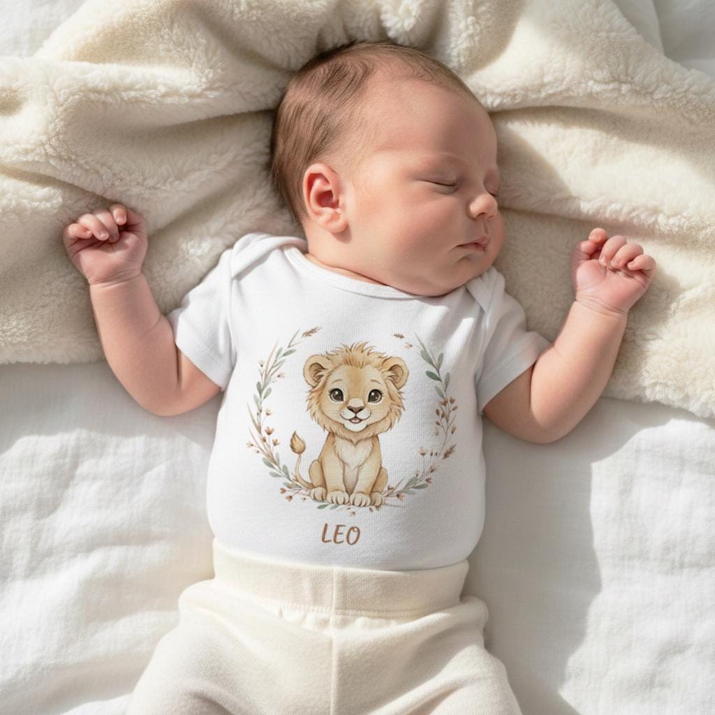 Leo zodiac baby onesie with a soft boho watercolor design on a bright white background. Unisex astrology baby outfit perfect for July and August birthdays, newborn photos, baby shower gifts, horoscope-themed milestone pictures, and gender-neutral baby clothing. High-quality printable Leo zodiac artwork for infant apparel