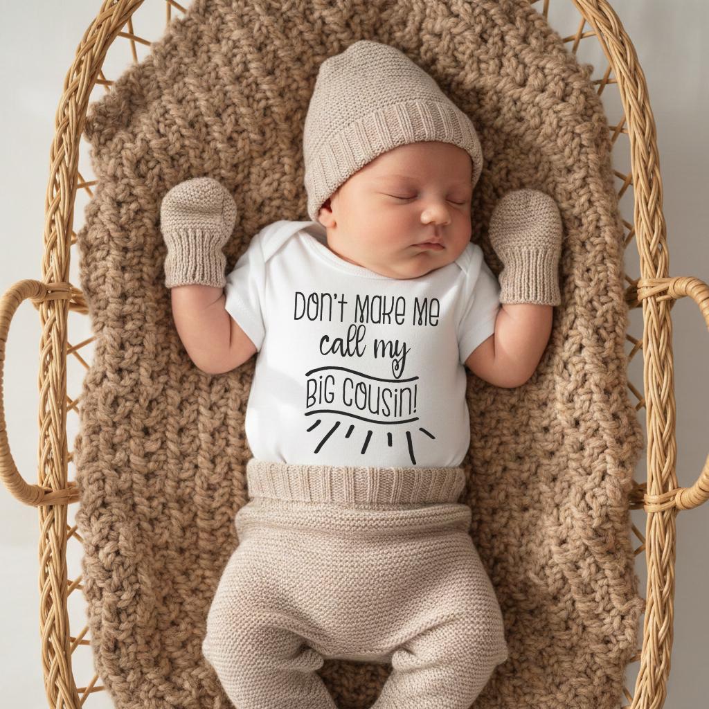 "Don't make me call my big cousin!" with adorable hand written type accents.  This design is great for all girls and boys!  This t-shirt shirt or bodysuit (or organic onesie®) is great to use a pregnancy reveal and to send to family as a surprise baby announcement gift!  They will love to receive this as a gift!  So cute and it's sure to bring lots of smiles! Makes a great baby shower gift!