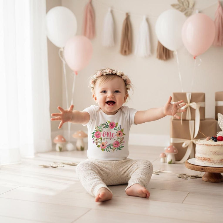 First Birthday Onesie®, Floral Wreath One, Baby Birthday shirt, Floral Birthday, Personalized Birthday, Birthday girl, Boho Birthday, Peach