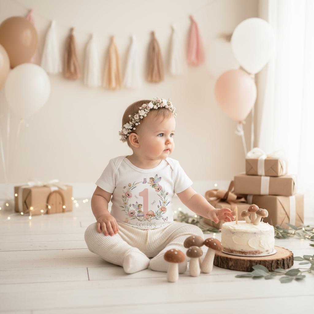 May include: A baby wearing a floral crown and a white onesie with a floral design and the number 1. The baby is sitting on a white floor with a small cake, mushroom decorations, and balloons. There are wrapped gifts in the background.