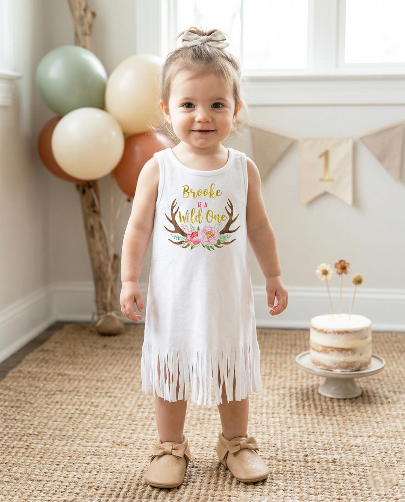 First Birthday, Wild One, Girl Birthday Dress, Personalized Birthday, 1st Birthday,Fringe Birthday Dress, Floral Deer Birthday,Girl Birthday