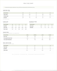 a chart with measurements and sizes for adult-sized clothing items, including crew neck tees, racerback tanks, and bollard tees. The chart provides specific measurements for different sizes, such as XS, XS/5, and XS/8, as well as the corresponding body widths and sleeve lengths. The chart also includes a note that all measurements are garment measurements in inches, and adult shirts are always except for tanks.