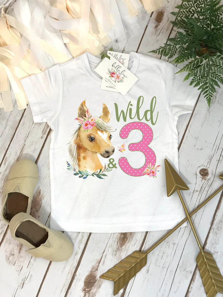 Wild and 3 Horse Birthday Shirt, Floral Pony Design, 3rd Birthday Outfit