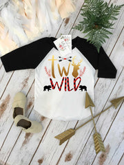 Two Wild buffalo plaid second birthday raglan for girls with bear cubs, deer, florals and arrows