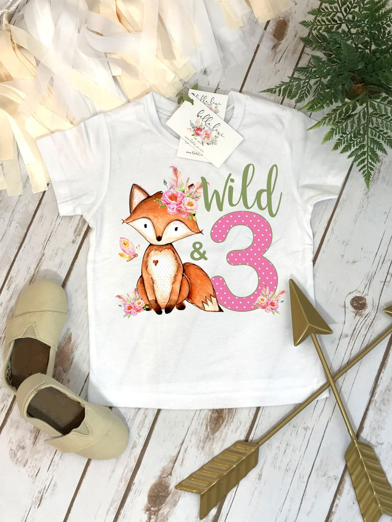 Wild and 3 Fox Birthday Shirt, Floral Third Birthday Outfit