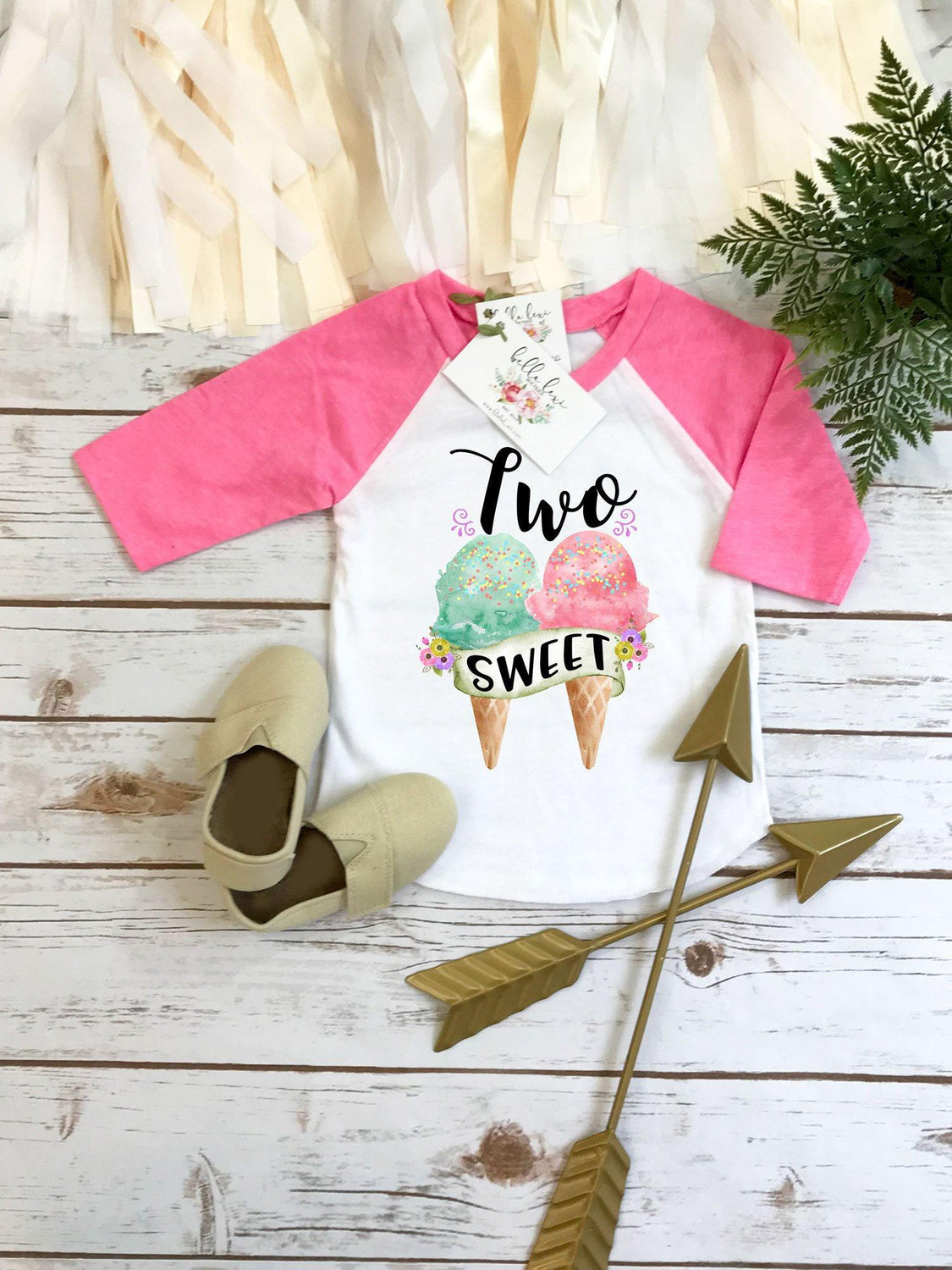 Two Sweet ice cream second birthday shirt with watercolor ice cream cones, flowers and pink raglan sleeves