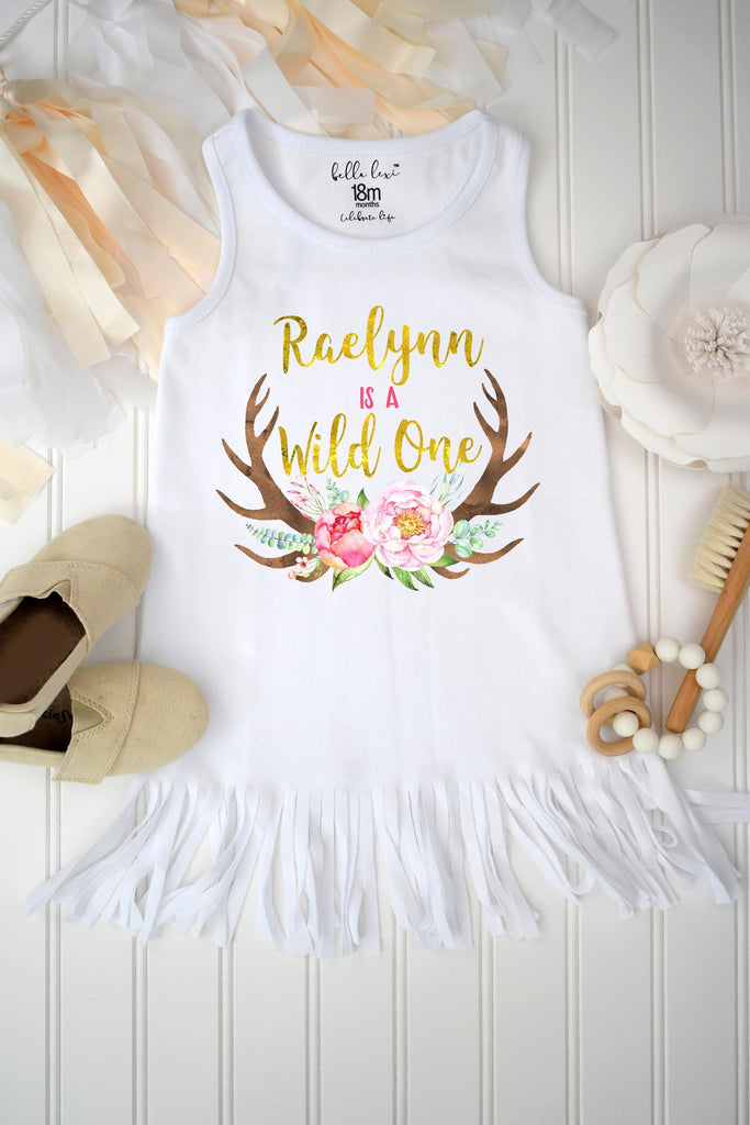 Wild One Personalized First Birthday Outfit, Boho Deer Bodysuit & Dress
