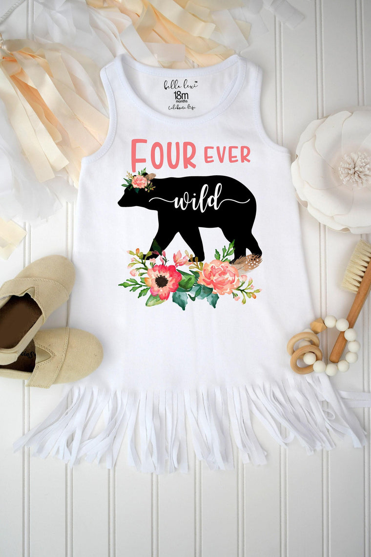 Four Ever Wild Bear Fourth Birthday Dress, Fringe Option