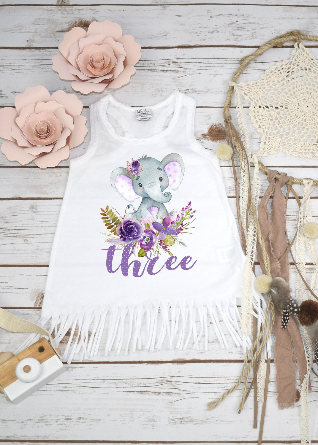 Watercolor elephant third birthday shirt for girls with purple and pink florals and three in purple polka dots