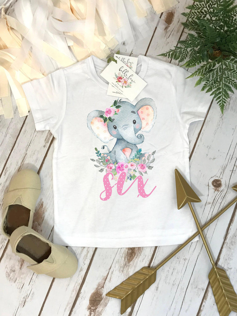 Watercolor elephant sixth birthday shirt for girls with pink and green florals and six in pink polka dots