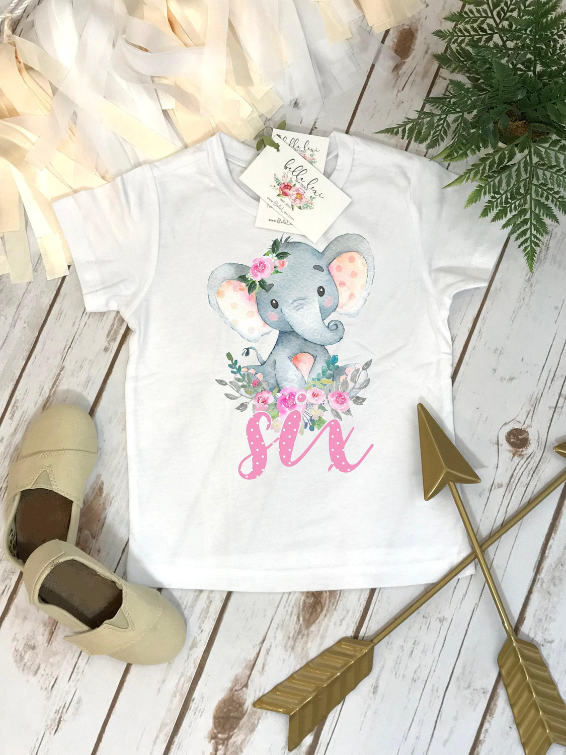 Watercolor elephant sixth birthday shirt for girls with pink and green florals and six in pink polka dots