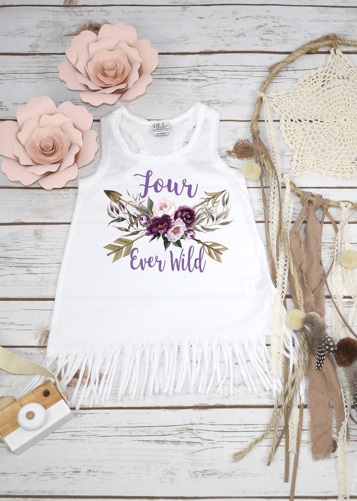 Four Ever Wild boho fourth birthday shirt for girls with arrows and floral elements