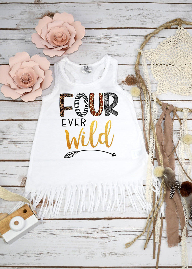 Four Ever Wild Fourth Birthday Dress, Animal Print, Fringe Option