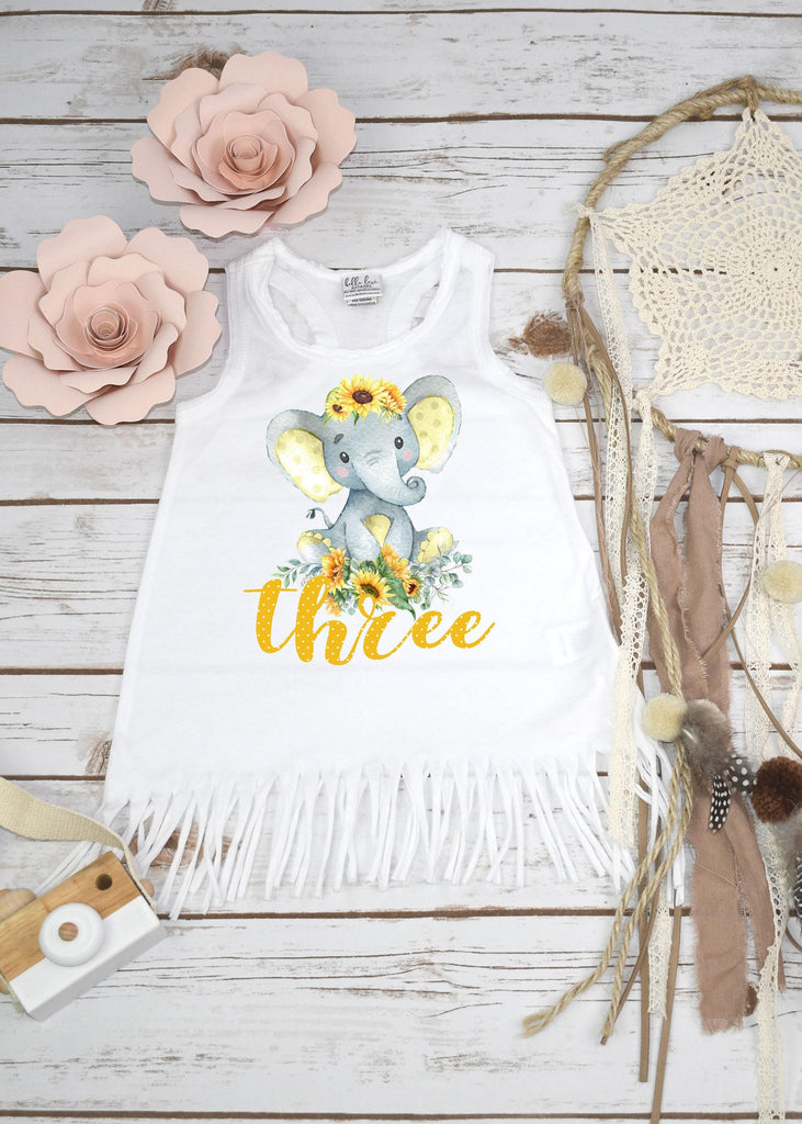 Watercolor elephant third birthday outfit with sunflowers and three in yellow polka dots for girls