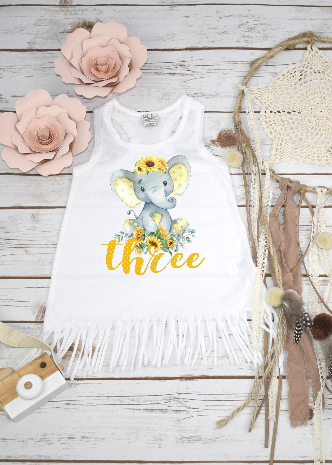 Watercolor elephant third birthday outfit with sunflowers and three in yellow polka dots for girls